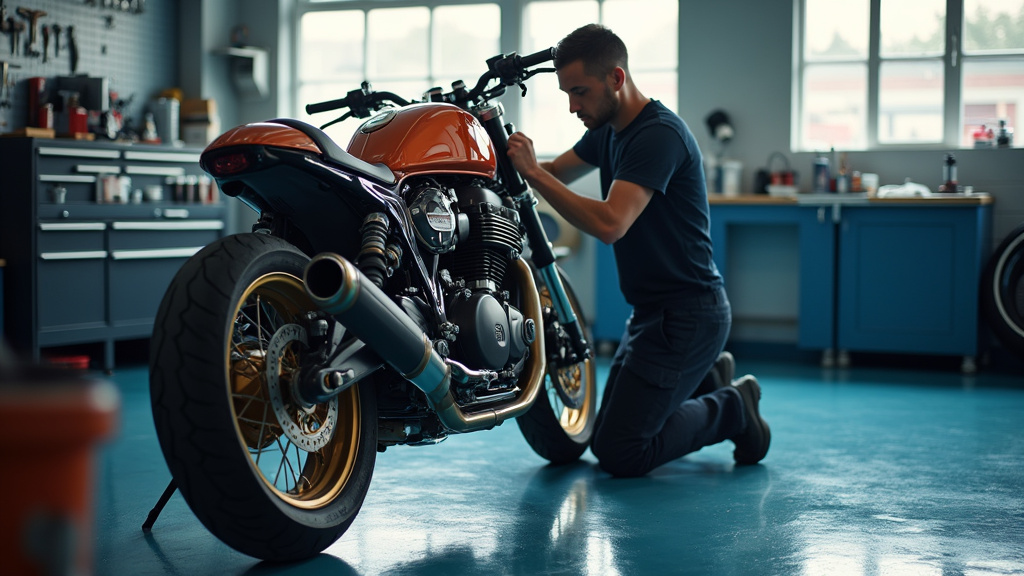 Technicien moto effectuant un diagnostic sur une moto moderne