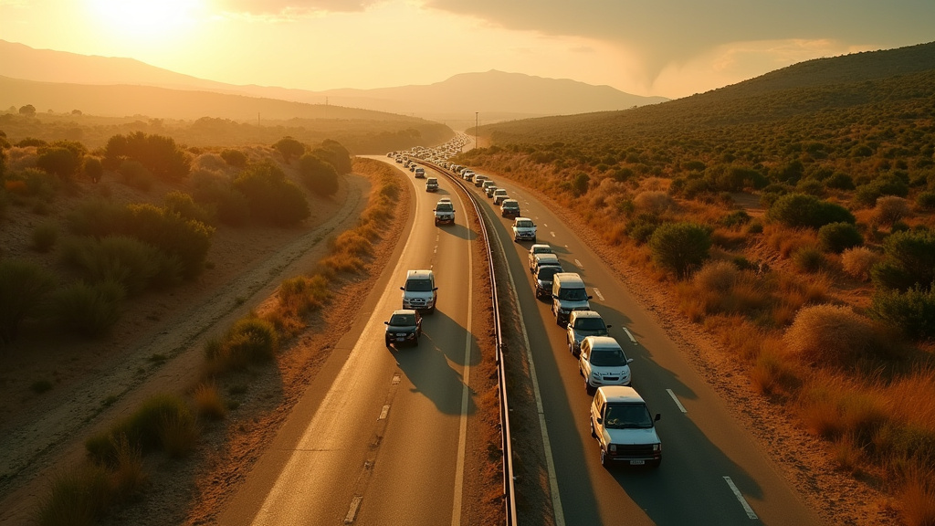 Vue aérienne de l'autoroute A75 dans l'Hérault montrant une file de voitures immobilisées